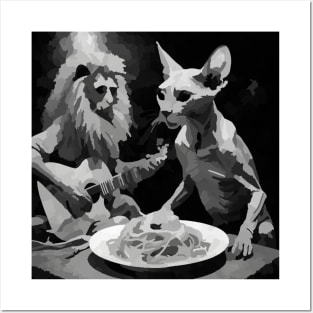 zombie sphinx cat eating spaghetti with guitar Posters and Art